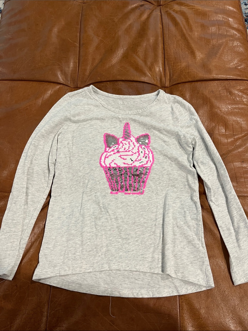 Girls' Light Gray Long-Sleeve Shirt with Pink Unicorn Cupcake Graphic
